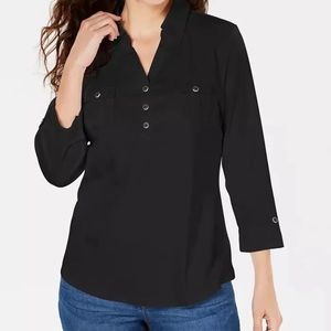 KAREN SCOTT 3/4-Sleeve Woven Shirt, Black Size XL